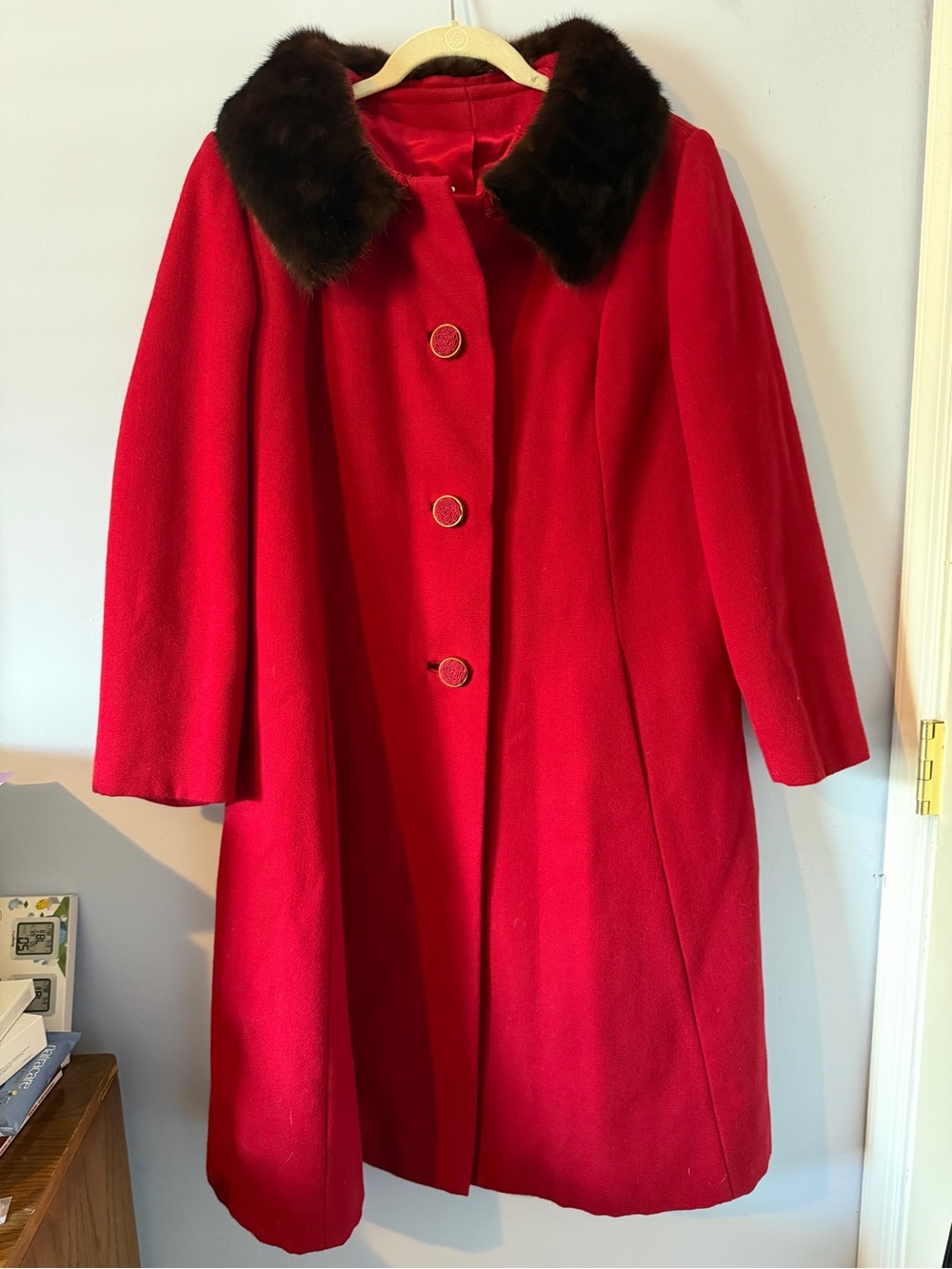 Vintage Red Wool Coat with Dark Fur Collar - Classic Women's Coat